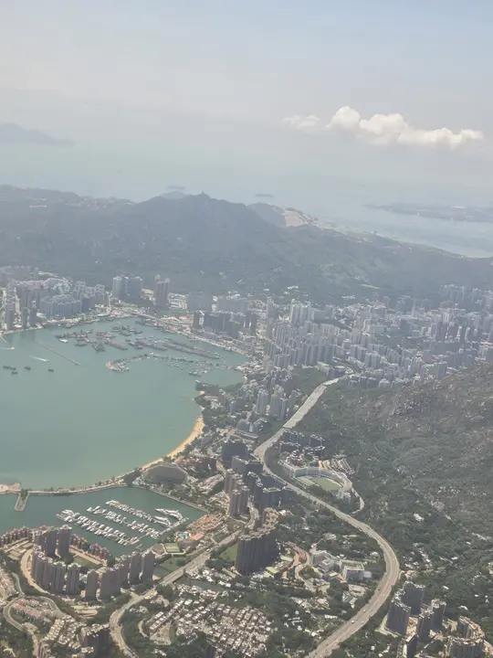 Hong Kong's coastline through a plane window