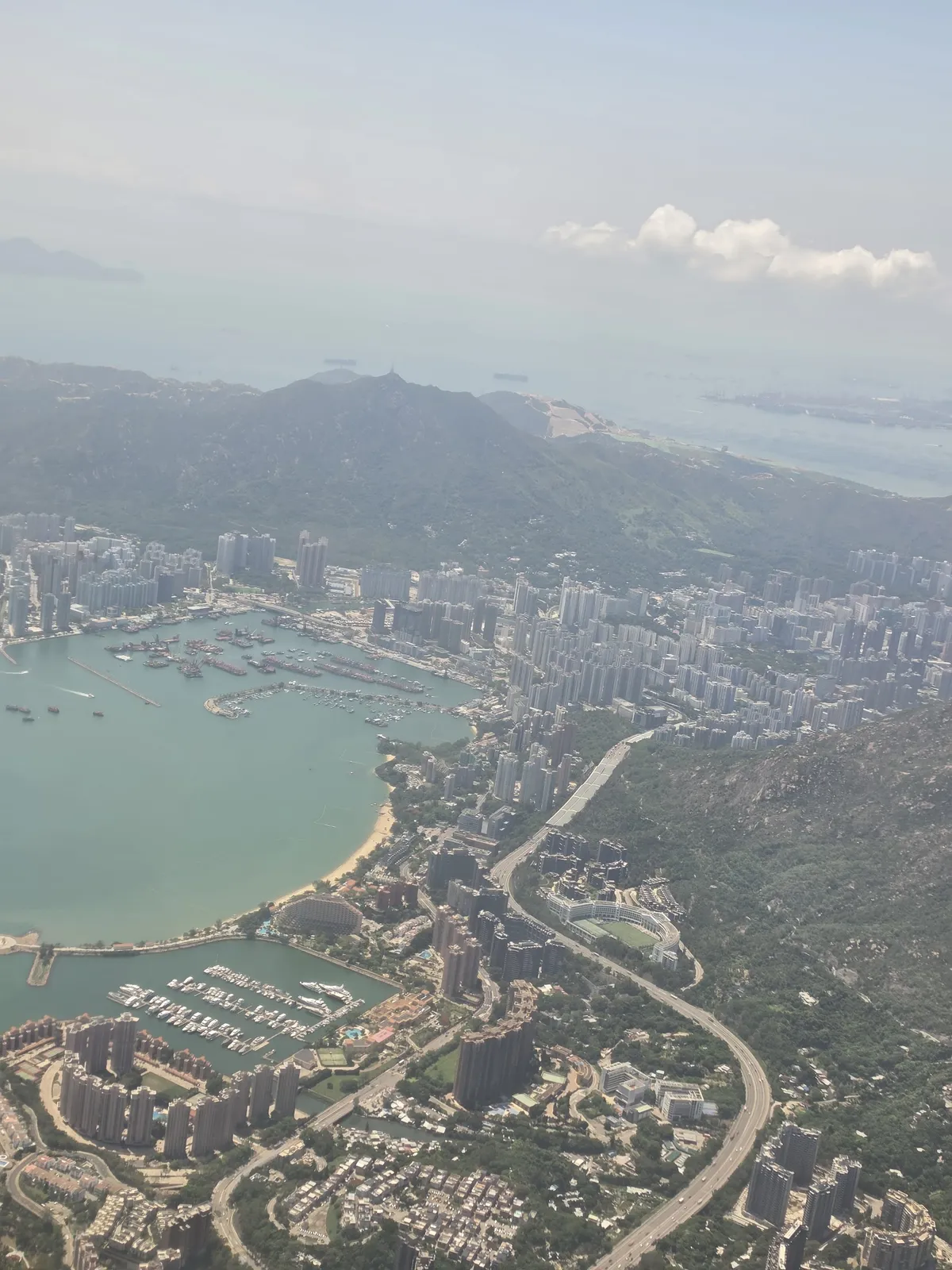 Hong Kong's coastline through a plane window
