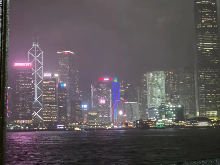 Hong Kong Island's skyline lit up across Victoria Harbour at night