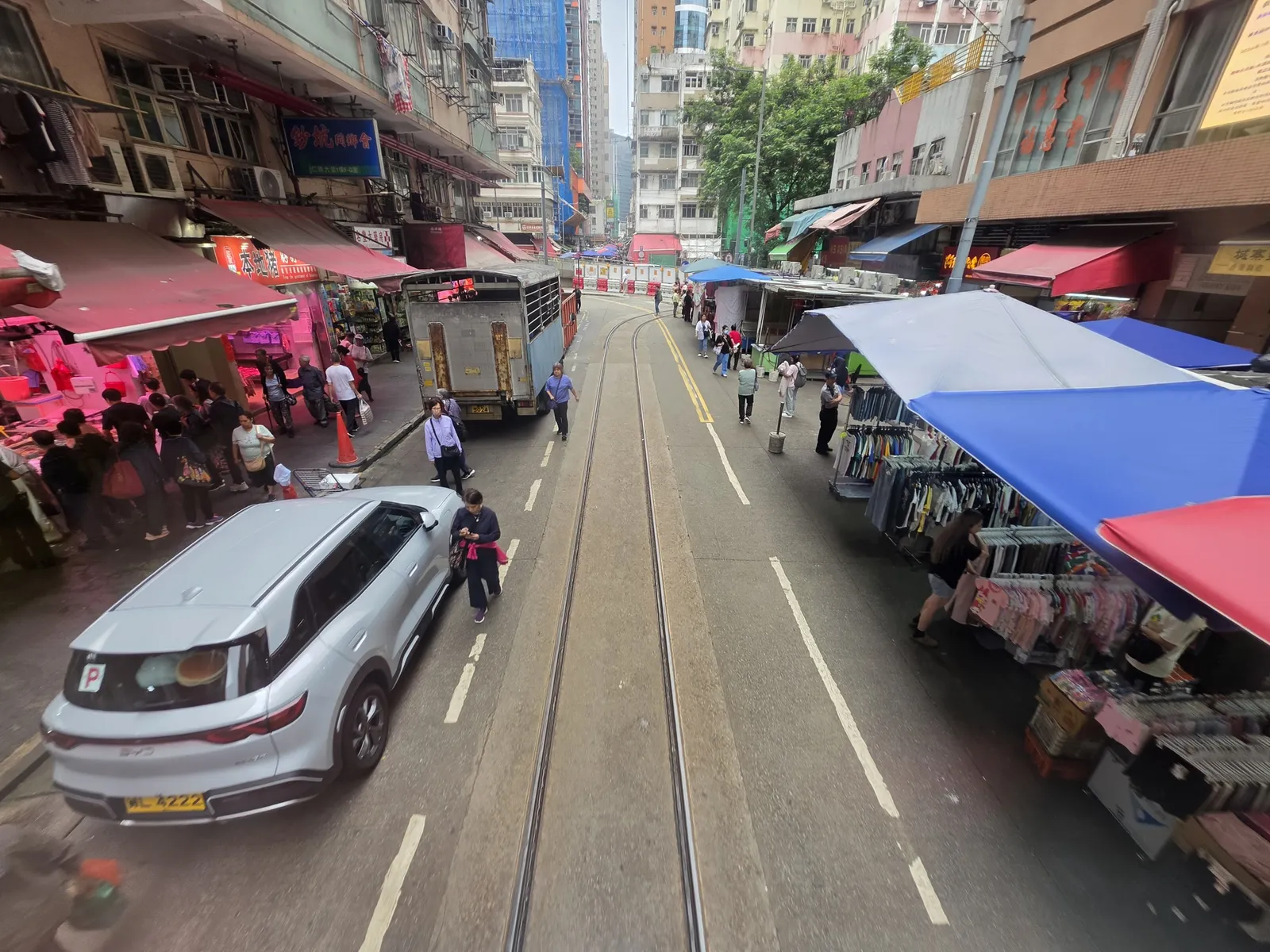 A tram line running through the Chun Yeung Street market in North Point