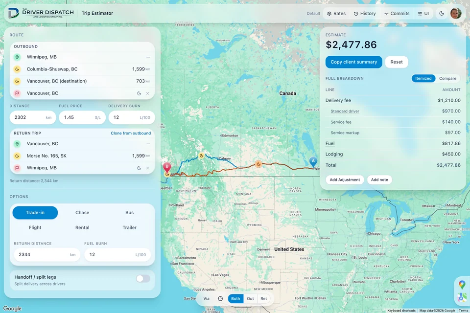 Standalone Trip Estimator with outbound and return stops, a Google Maps route, delivery options, and an itemized cost breakdown.