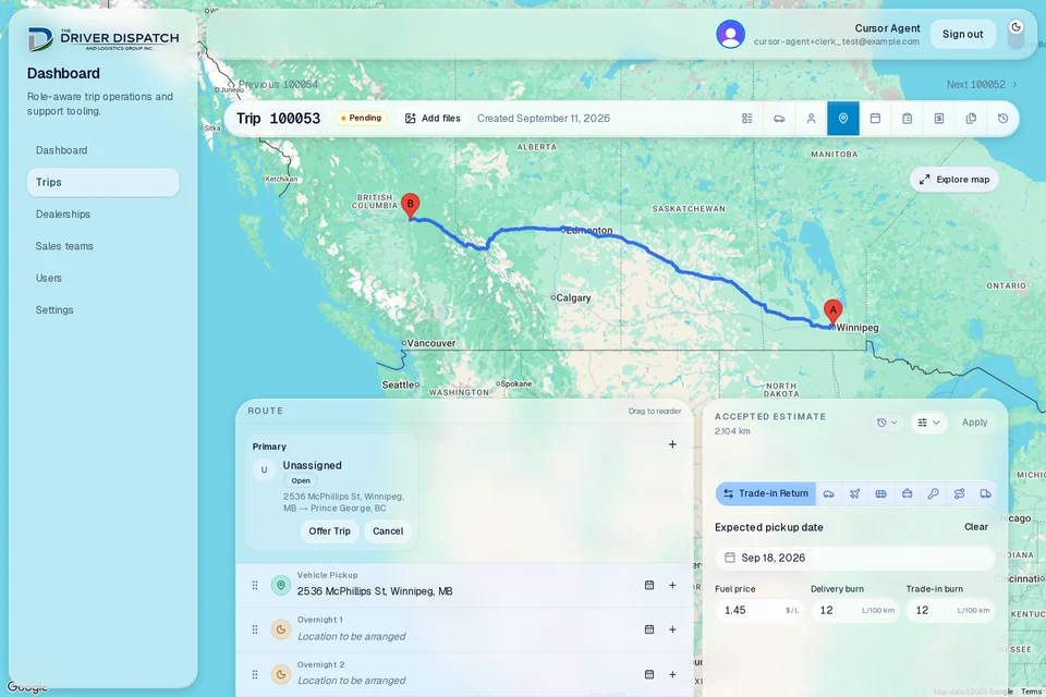 Dispatch Portal route workspace with a trip itinerary, map, estimate, and open driver assignment.